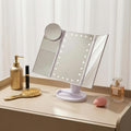 Tri-Fold Makeup Mirror Vanity with Lights, 9" x 13.6", 1X/2X/3X/10X Magnification, 24 LED Touch Screen, Dual Power Supply, 180° Rotation, Portable Lighted Cosmetic Mirror for Makeup & Travel