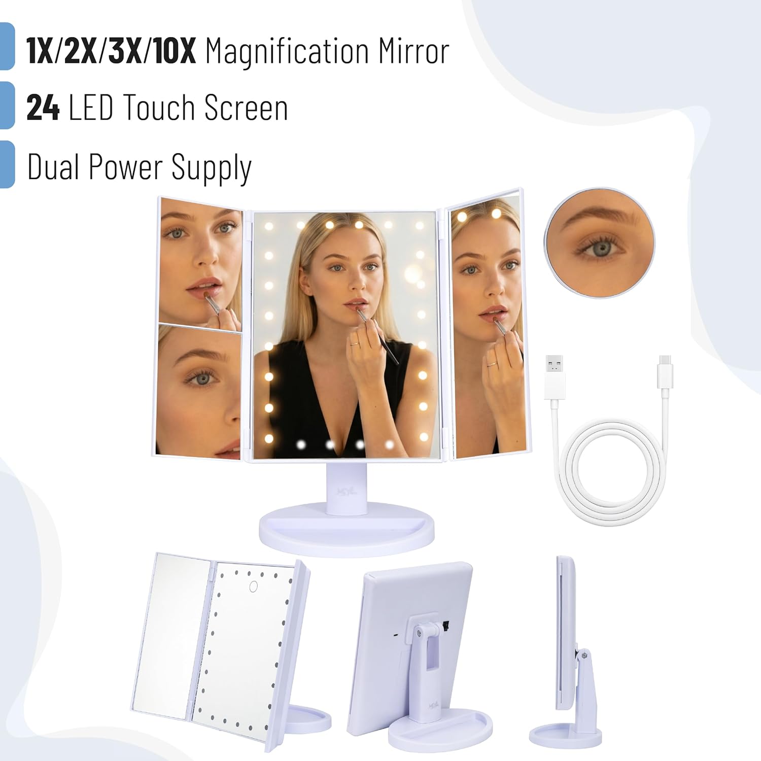 Tri-Fold Makeup Mirror Vanity with Lights, 9" x 13.6", 1X/2X/3X/10X Magnification, 24 LED Touch Screen, Dual Power Supply, 180° Rotation, Portable Lighted Cosmetic Mirror for Makeup & Travel
