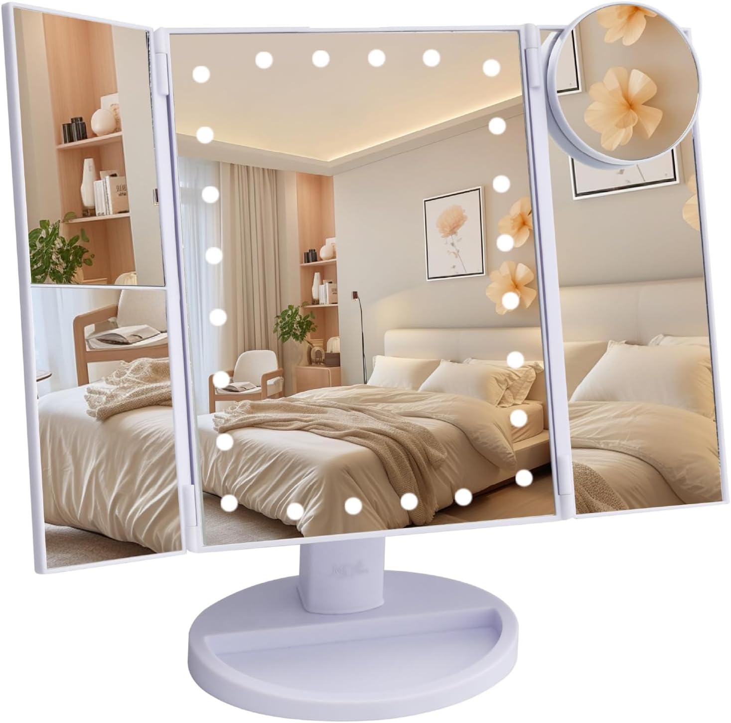 Tri-Fold Makeup Mirror Vanity with Lights, 9" x 13.6", 1X/2X/3X/10X Magnification, 24 LED Touch Screen, Dual Power Supply, 180° Rotation, Portable Lighted Cosmetic Mirror for Makeup & Travel