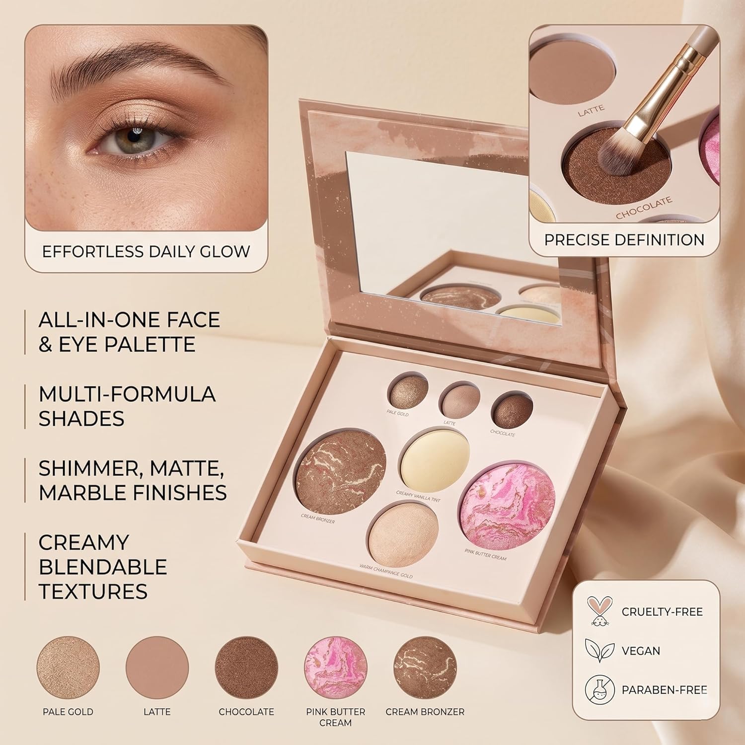 Baked Face and Eye Makeup Palette with Bronzer, Blush, 2 Highlighters & 3 Eyeshadows, Smooth Blendable Powder, Neutral Shades, Travel Compact Gift Set for Women